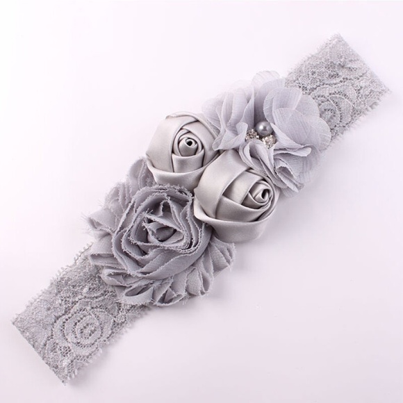 Lace & Double Satin Rose Hair Band - (GRAY) - Picture 1 of 8